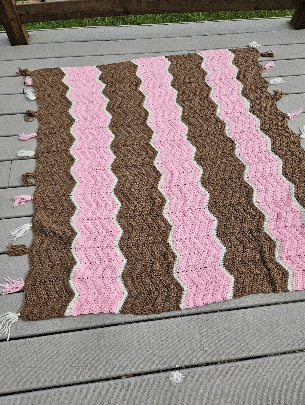 48x43 Brown and pink chevron crochet blanket with white stripes and tassels #che